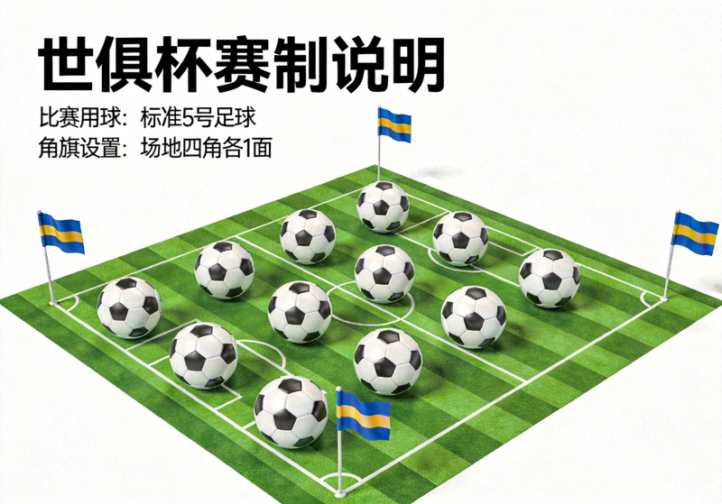 世俱杯赛制说明配图，球场上排列整齐的比赛用球与角旗